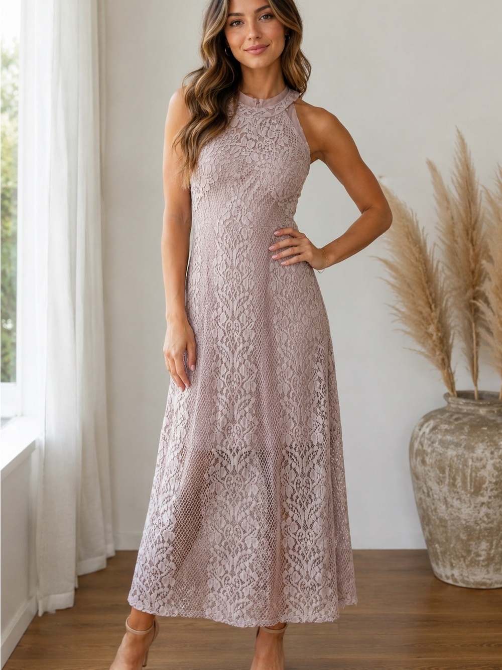 Enfocus Studio Lace Halter Maxi Dress - Mauve